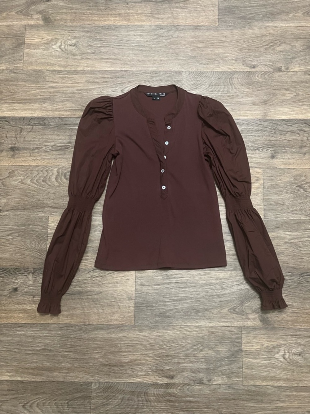 Veronica Beard Effy Top Size Small Oxblood Poet Sleeve Puff Sleeve Ribbed Henley - Picture 10 of 14